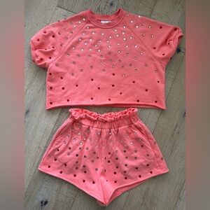 Queen of Sparkles rhinestone heart Two-Piece sweat Set XS pink coral